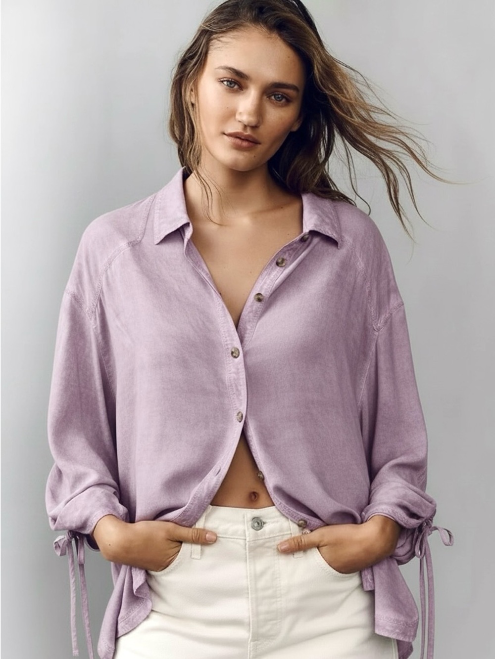 Anthropologie Pilcro Cinched-Sleeve Buttondown Top Washed Lavender Purple Small